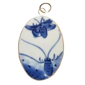 Vintage Blue & White Porcelain Butterfly Insect Oval Pendant Pottery Shard Focal